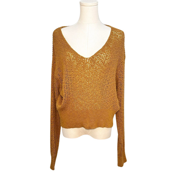 Billabong Feel the Breeze Mustard Brown Open Knit V Neck Cropped Sweater Small - Picture 1 of 7